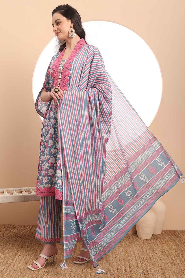 Blue Floral Printed Cotton Kurti Pant Set