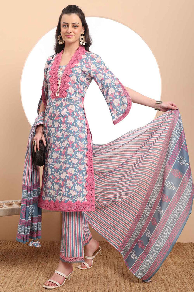 Blue Floral Printed Cotton Kurti Pant Set