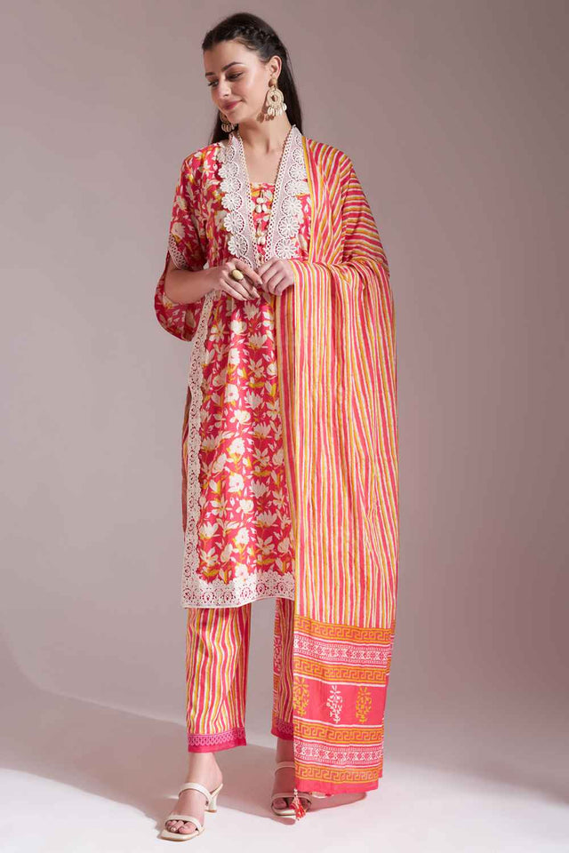 Pink Floral Printed Cotton Kurti Pant Set