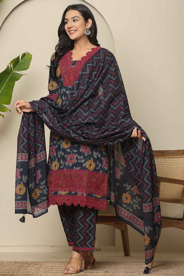 Blue Floral Printed Cotton Kurti Pant Set