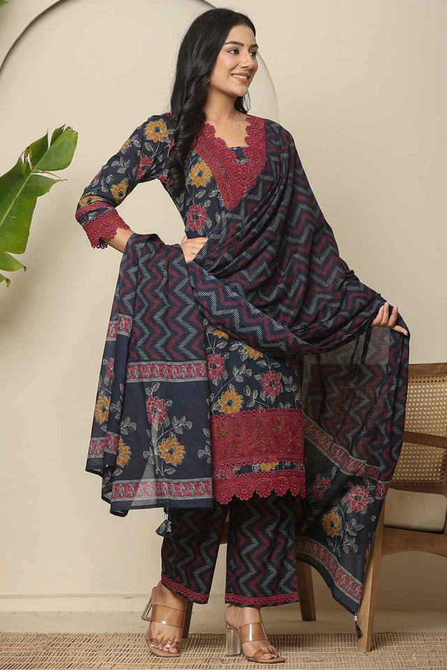 Blue Floral Printed Cotton Kurti Pant Set