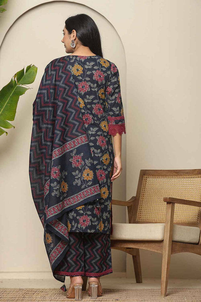 Blue Floral Printed Cotton Kurti Pant Set