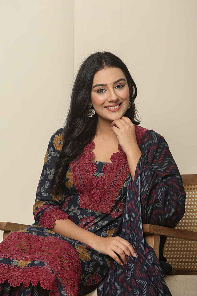 Blue Floral Printed Cotton Kurti Pant Set