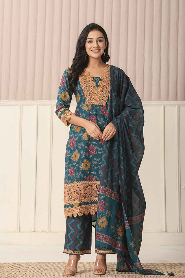 Turquoise Floral Printed Cotton Kurti Pant Set