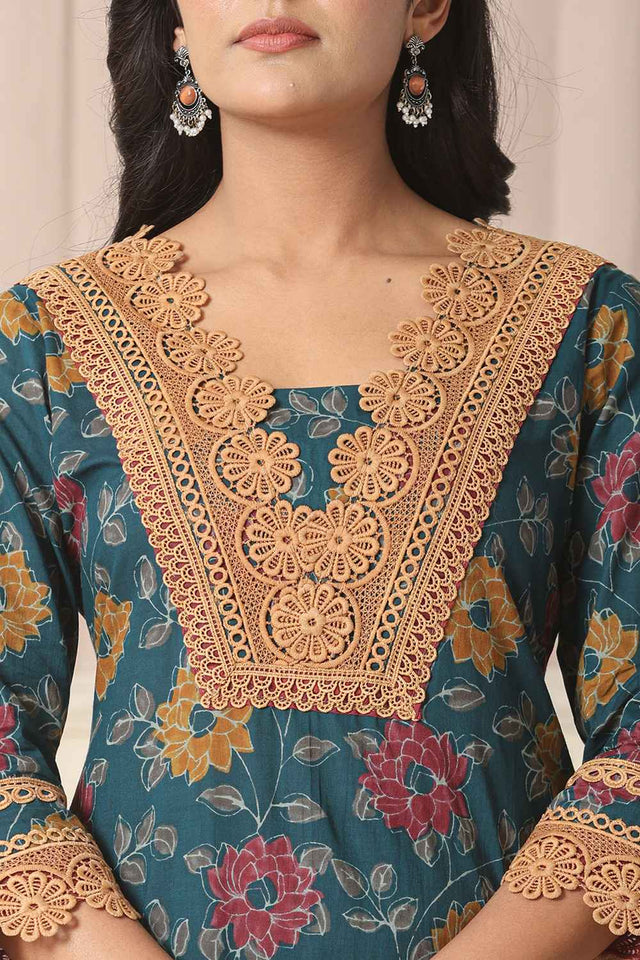 Turquoise Floral Printed Cotton Kurti Pant Set