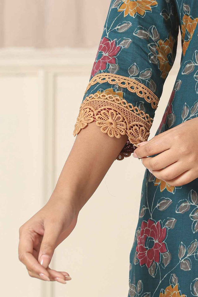 Turquoise Floral Printed Cotton Kurti Pant Set