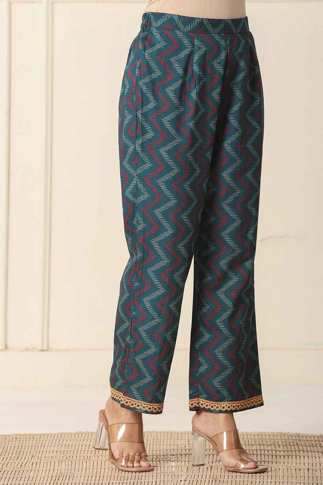 Turquoise Floral Printed Cotton Kurti Pant Set