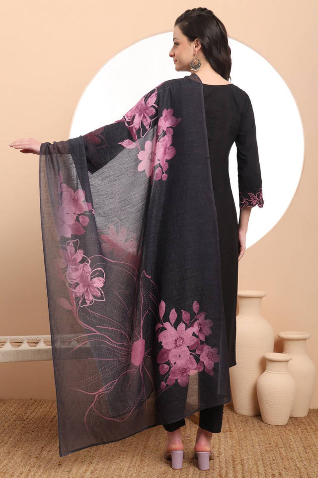 Black Embroidered Cotton Straight Cut Suit Set