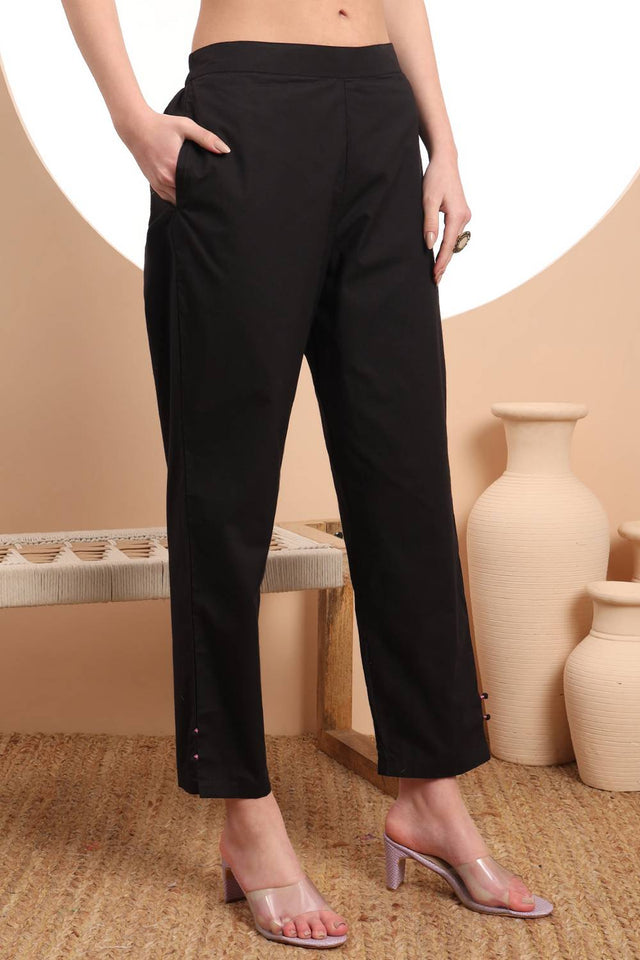 Black Embroidered Cotton Straight Cut Suit Set