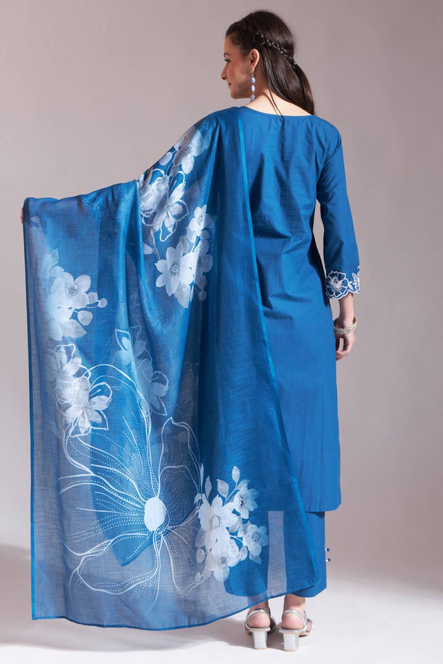 Blue Embroidered Cotton Straight Cut Suit Set