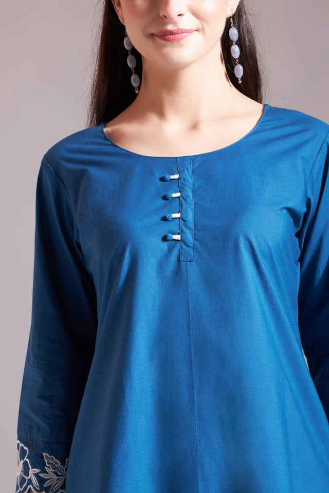 Blue Embroidered Cotton Straight Cut Suit Set