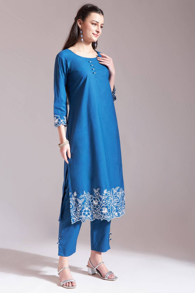 Blue Embroidered Cotton Straight Cut Suit Set