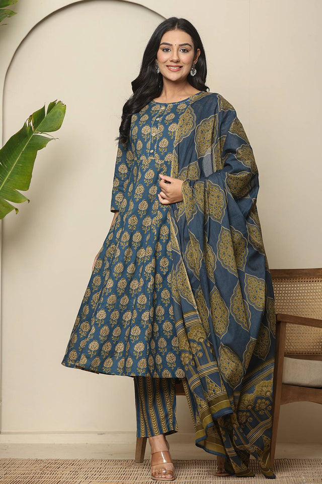 Blue Floral Printed Cotton Anarkali Suit Set
