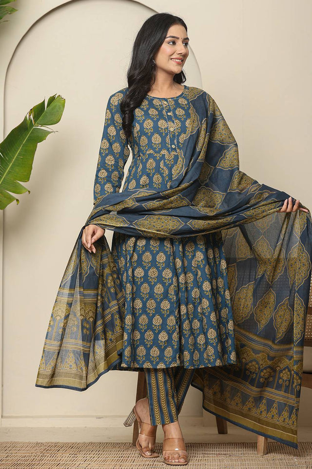 Blue Floral Printed Cotton Anarkali Suit Set