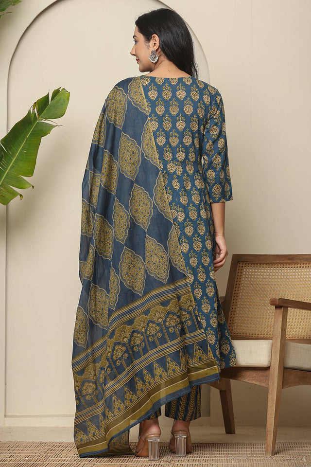 Blue Floral Printed Cotton Anarkali Suit Set