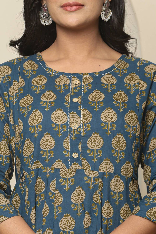 Blue Floral Printed Cotton Anarkali Suit Set