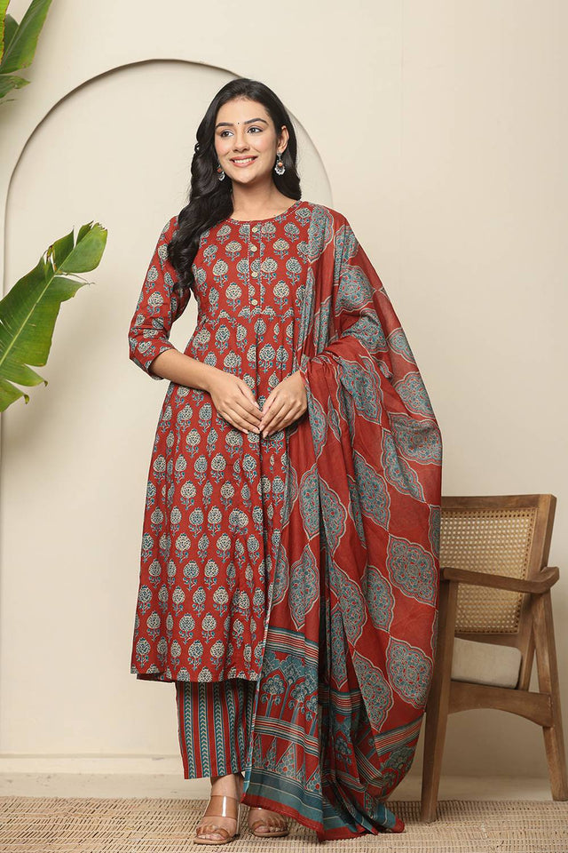 Red Floral Printed Cotton Anarkali Suit Set