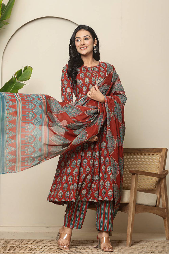 Red Floral Printed Cotton Anarkali Suit Set