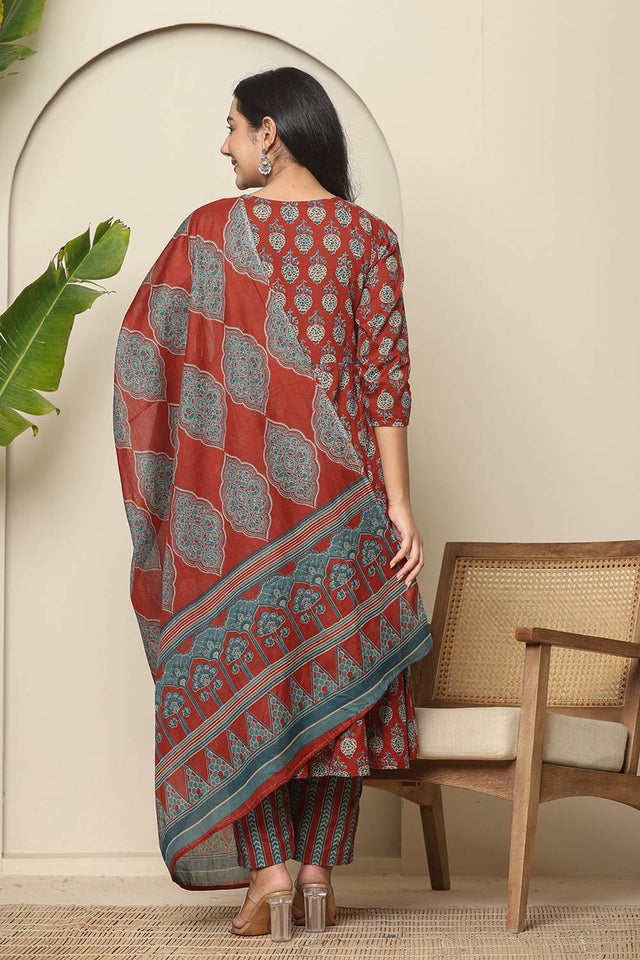 Red Floral Printed Cotton Anarkali Suit Set