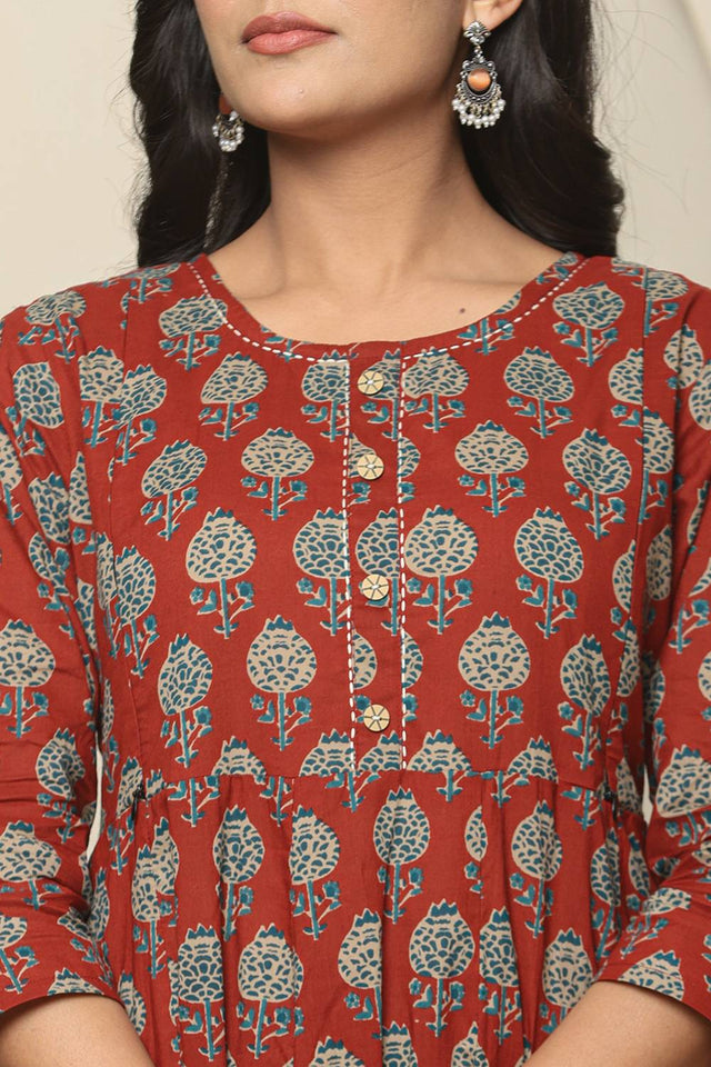 Red Floral Printed Cotton Anarkali Suit Set