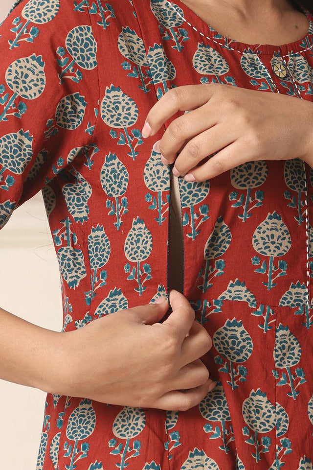 Red Floral Printed Cotton Anarkali Suit Set