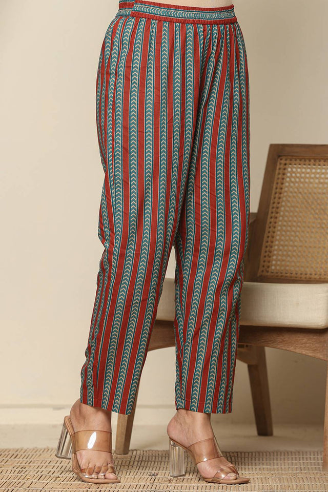 Red Floral Printed Cotton Anarkali Suit Set