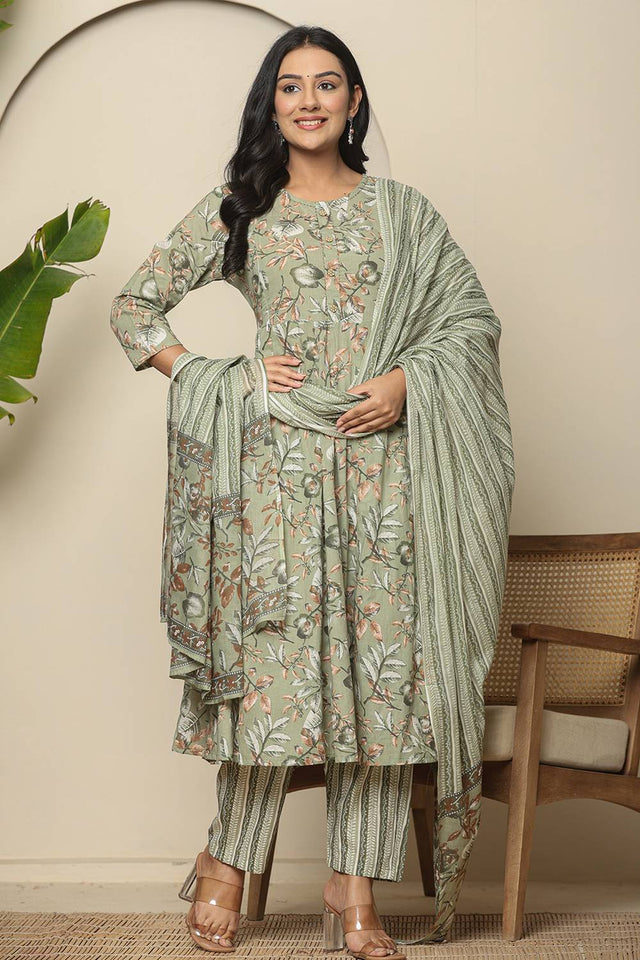 Green Floral Printed Cotton Anarkali Suit Set