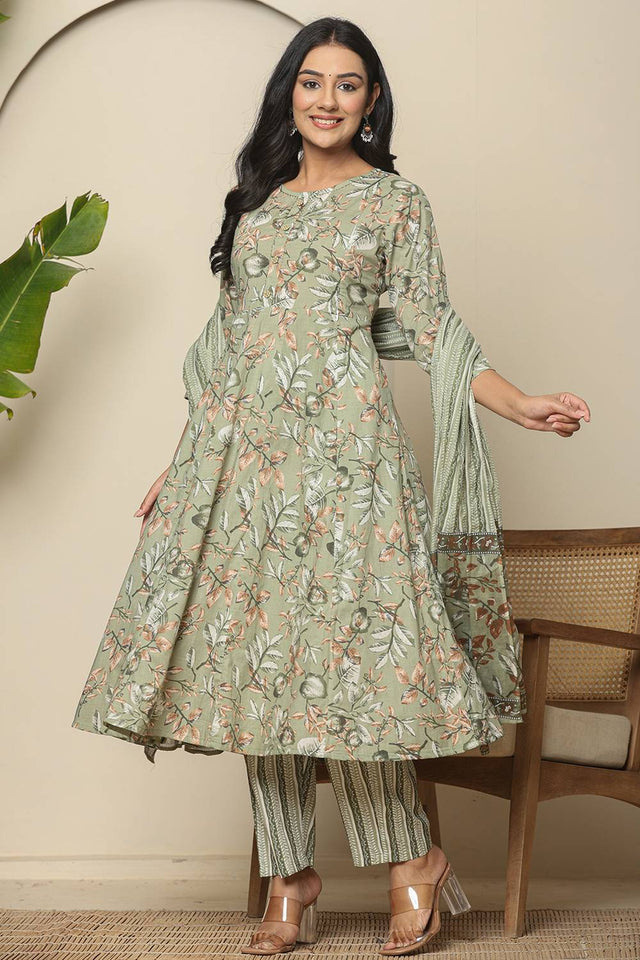 Green Floral Printed Cotton Anarkali Suit Set
