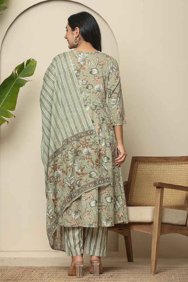 Green Floral Printed Cotton Anarkali Suit Set