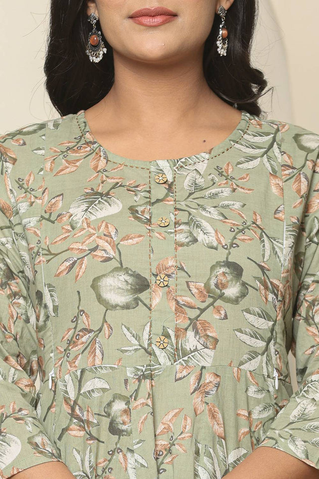 Green Floral Printed Cotton Anarkali Suit Set