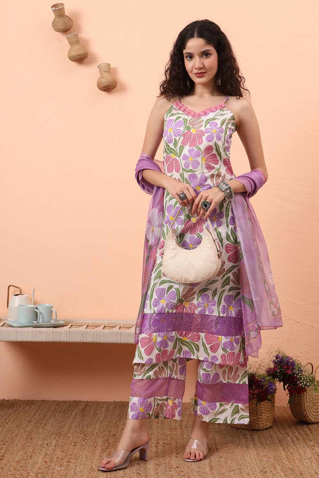 White Floral Print Cotton Kurti Pant Set