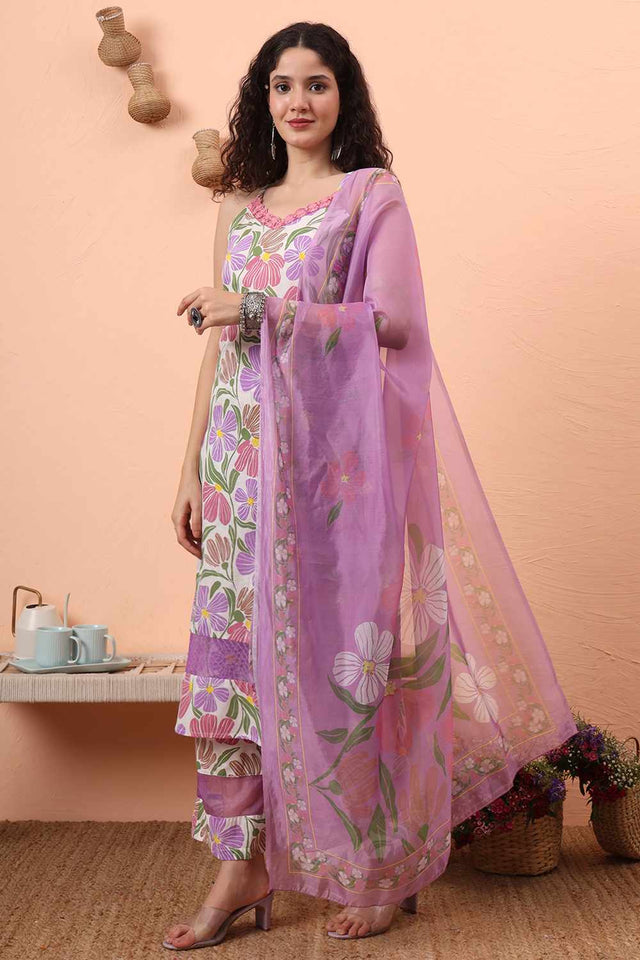 White Floral Print Cotton Kurti Pant Set