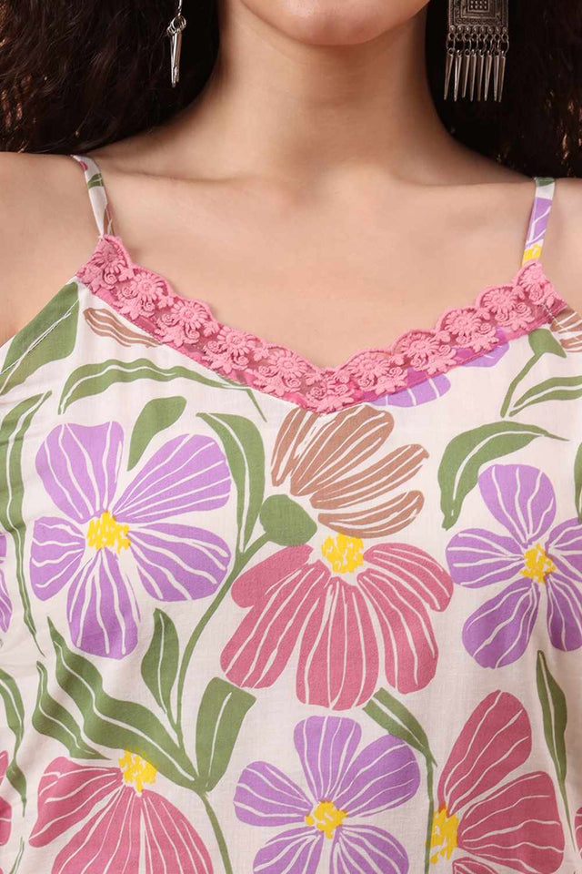 White Floral Print Cotton Kurti Pant Set