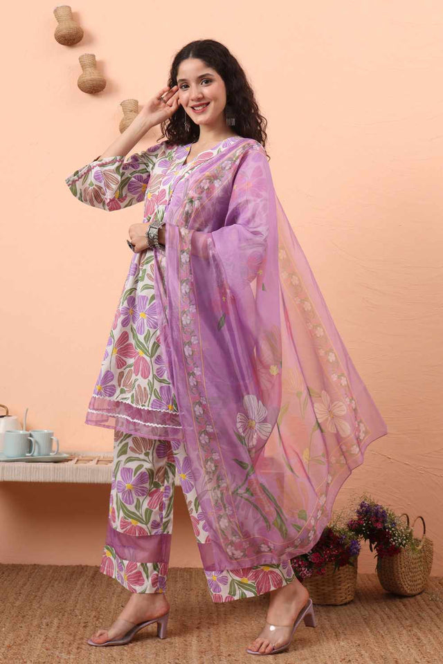 White Floral Print Cotton Kurti Pant Set