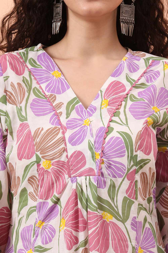 White Floral Print Cotton Kurti Pant Set