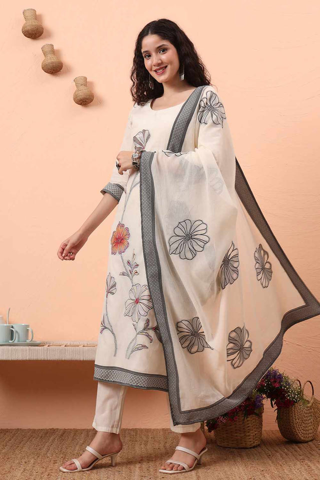 White Printed Cotton Kurti Pant Set