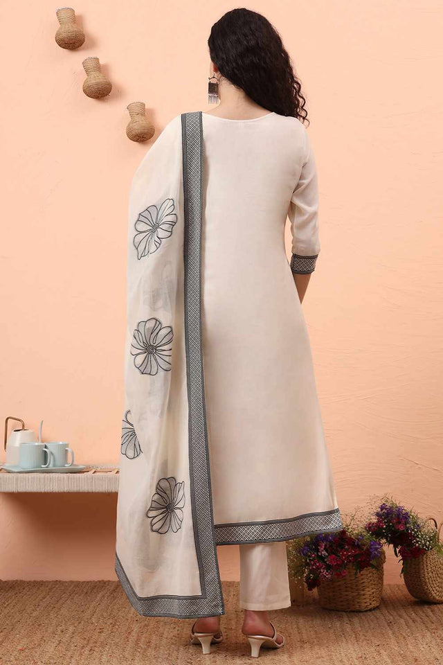 White Printed Cotton Kurti Pant Set