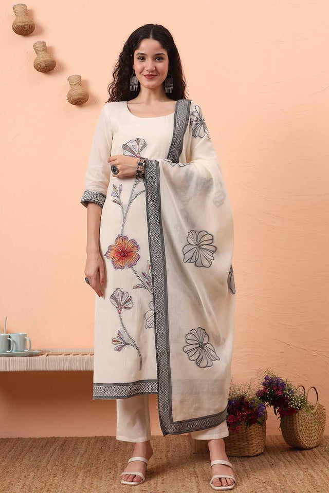 White Printed Cotton Kurti Pant Set