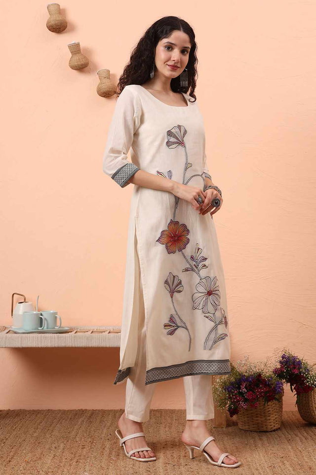 White Printed Cotton Kurti Pant Set