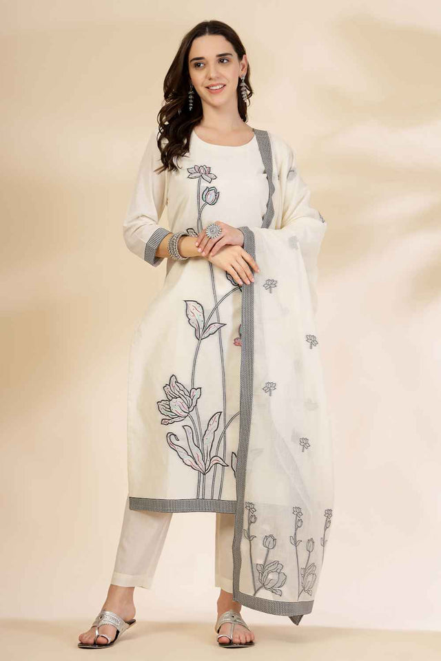 White Floral Printed Cotton Kurti Pant Set
