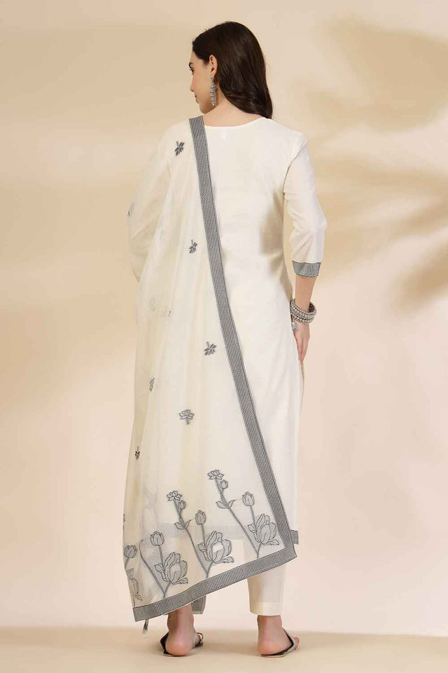 White Floral Printed Cotton Kurti Pant Set