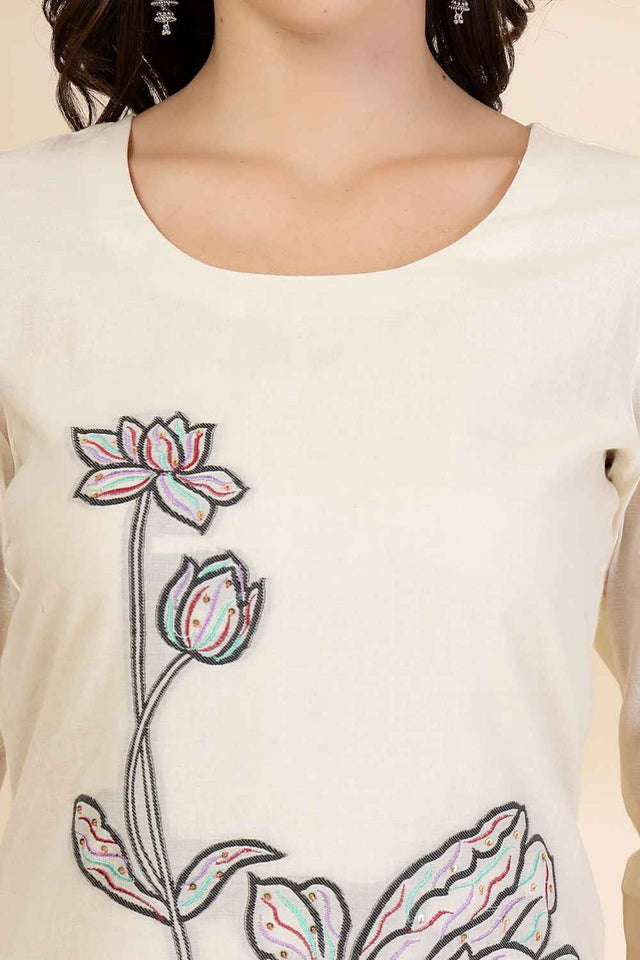 White Floral Printed Cotton Kurti Pant Set