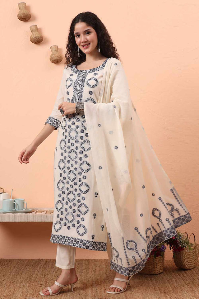 White Printed Cotton Kurti Pant Set