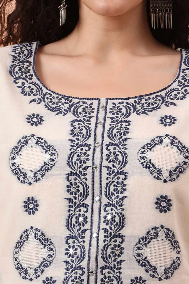 White Printed Cotton Kurti Pant Set