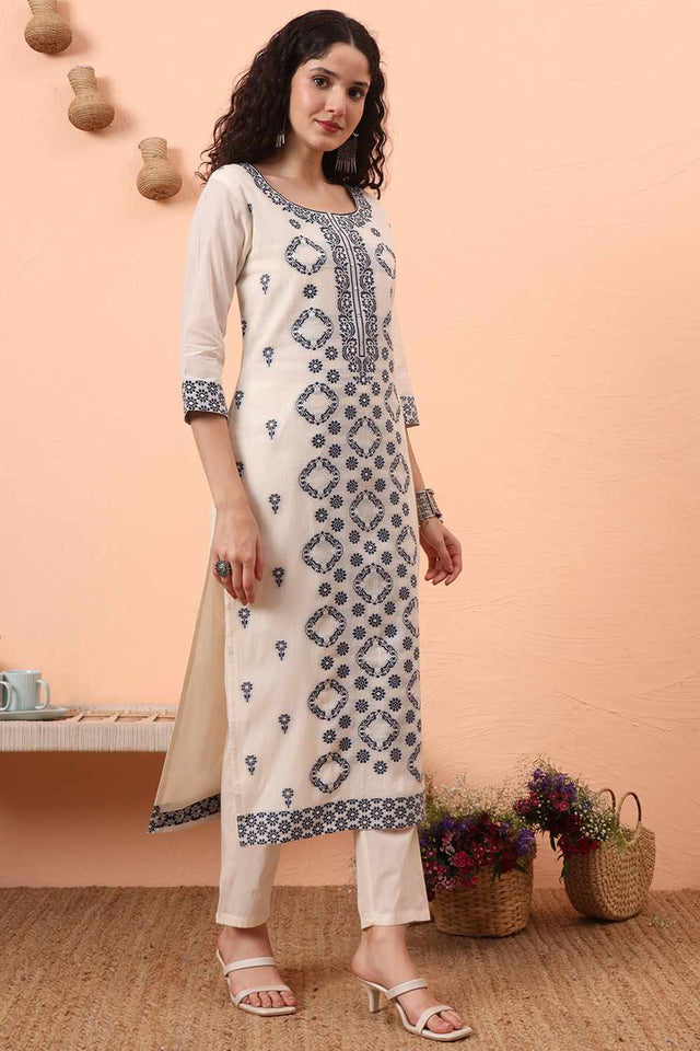White Printed Cotton Kurti Pant Set