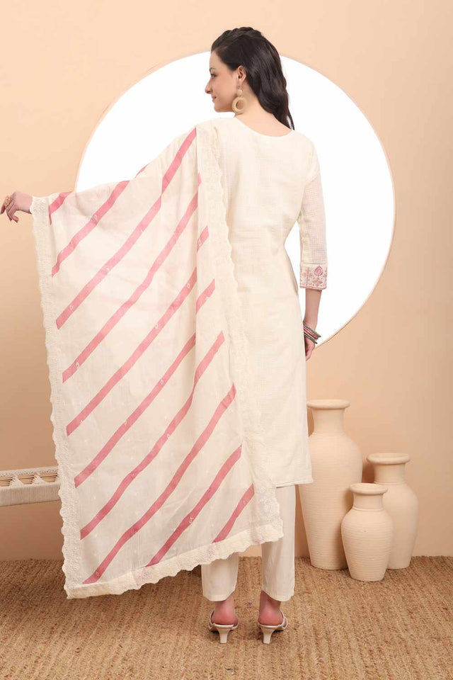 White Thread Work Cotton Kurti Pant Set