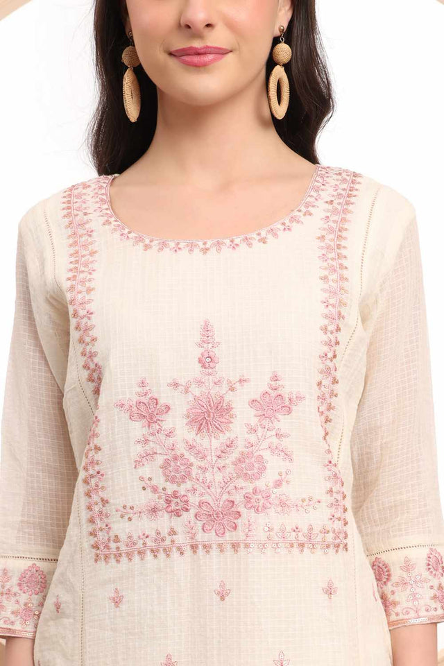 White Thread Work Cotton Kurti Pant Set