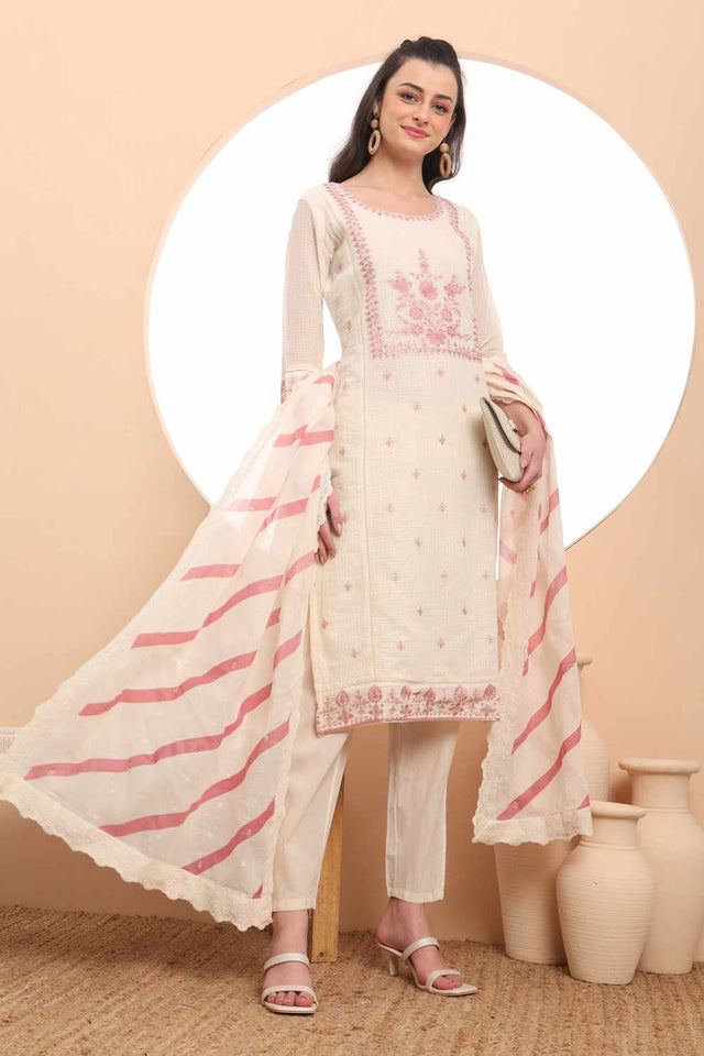 White Thread Work Cotton Kurti Pant Set
