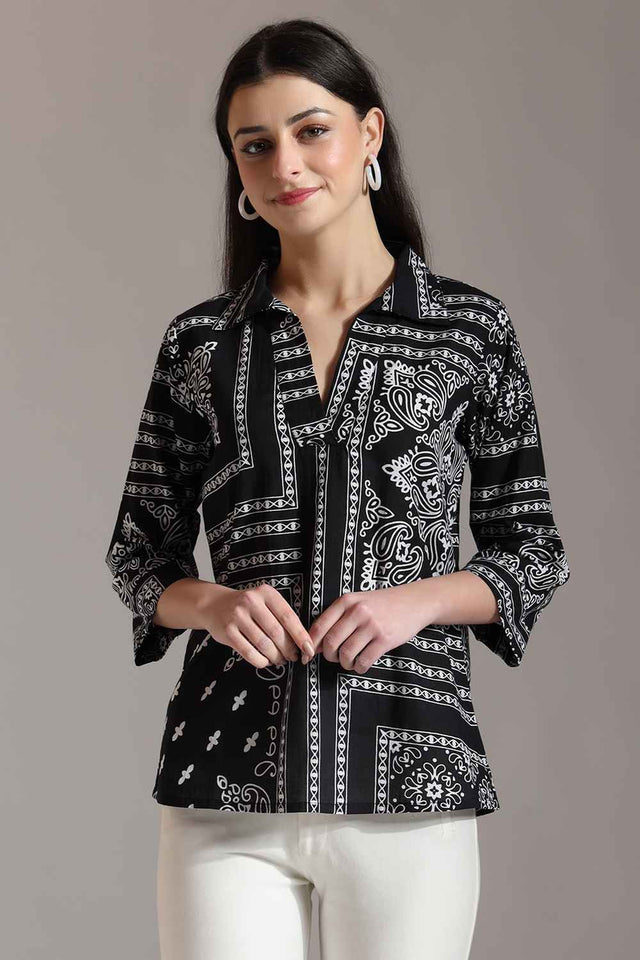 Black Ethnic Motifs Pure Cotton Tops (6341TOPBK)