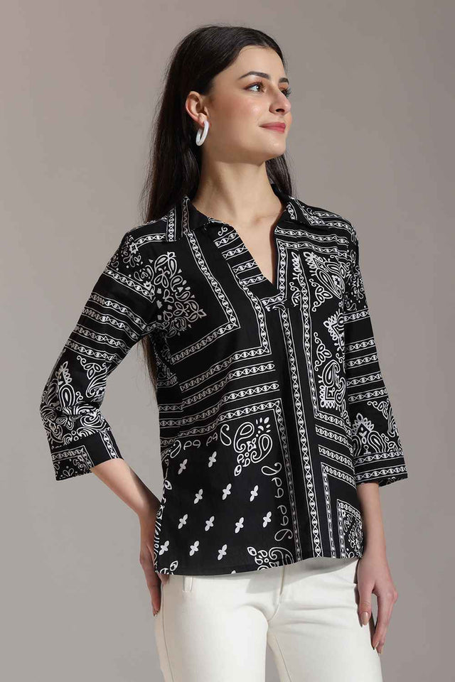 Black Ethnic Motifs Pure Cotton Tops (6341TOPBK)